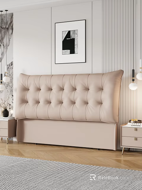 Modern Beige Double Bed With Tufted Headboard Nightstand And Striped Wall Decor 3d model 