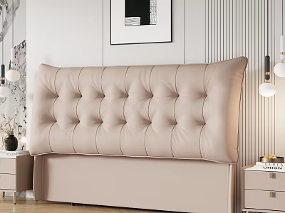 Modern Beige Double Bed With Tufted Headboard Nightstand And Striped Wall Decor 3d model