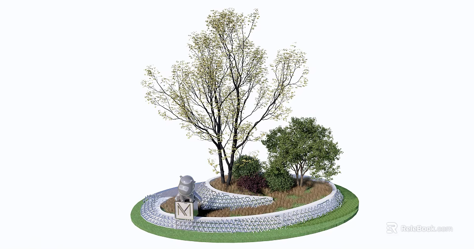 Circular Tree Pit Design In Garden With Stone Wall Trees And Green Shrubs 3d model 