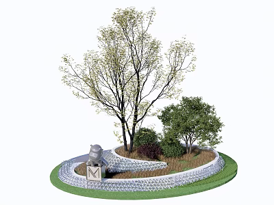 Circular Tree Pit Design In Garden With Stone Wall Trees And Green Shrubs 3d model
