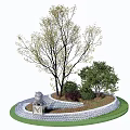 Circular Tree Pit Design In Garden With Stone Wall Trees And Green Shrubs