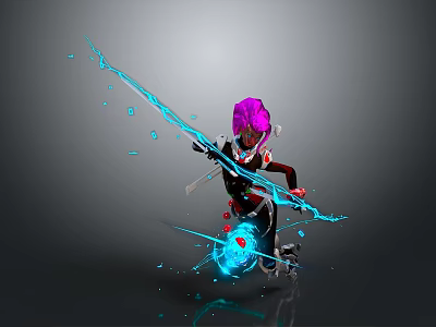 Purple Haired Fantasy Character With Blue Energy Splash And Dynamic Pose 3d model