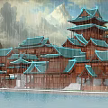 Scenic Traditional Chinese Ancient Architecture With Green Tiled Roofs Wooden Structures And Rainy Courtyard