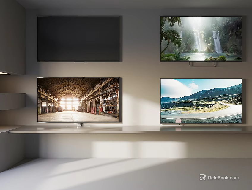 Wall Mounted Televisions Displaying Waterfall Mountain And Warehouse Interior Scenes In Modern Room 3d model 