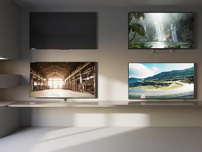 Wall Mounted Televisions Displaying Waterfall Mountain And Warehouse Interior Scenes In Modern Room 3d model