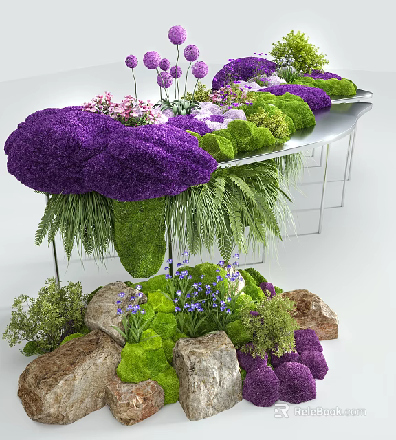 Indoor Landscape Featuring Purple Flowers Green Moss Ferns And Rocks On Metal Stand Table 3d model 