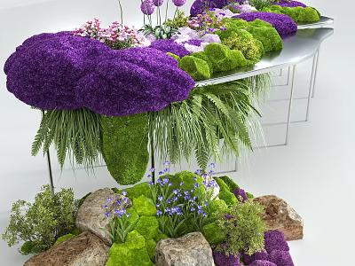 Indoor Landscape Featuring Purple Flowers Green Moss Ferns And Rocks On Metal Stand Table 3d model