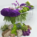 Indoor Landscape Featuring Purple Flowers Green Moss Ferns And Rocks On Metal Stand Table