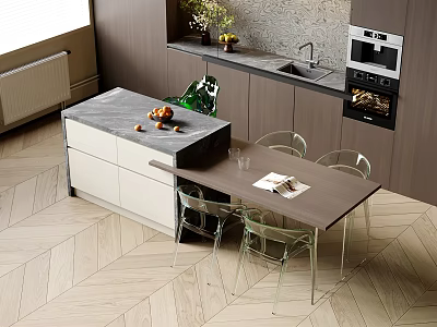 Modern Dining Table Set with Clear Chairs and Wooden Kitchen Island with Marble Countertop 3d model