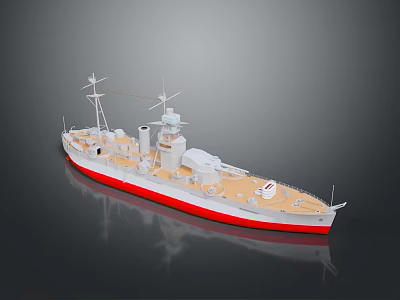 Detailed Warship Model With White Hull Red Bottom And Light Deck Structure 3d model
