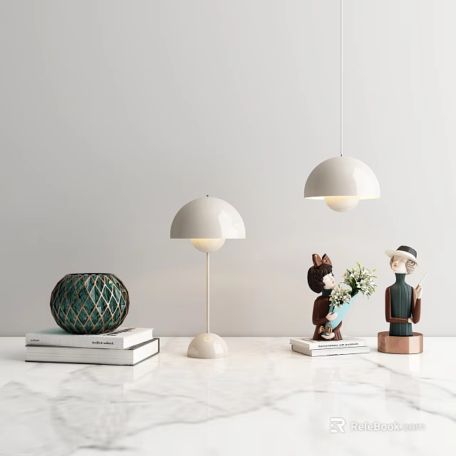 Modern White Table And Pendant Lamp Combination With Decorative Figurines Books And Vase 3d model 