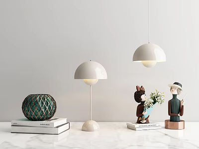 Modern White Table And Pendant Lamp Combination With Decorative Figurines Books And Vase 3d model