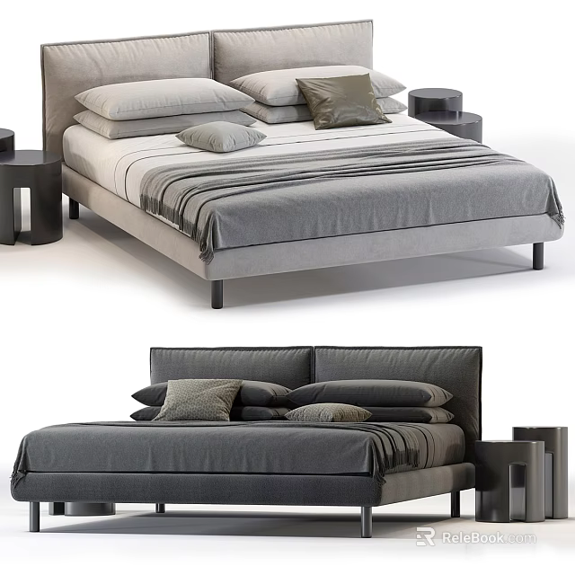 Modern Double Bed with Gray Beige Bedspread Multiple Pillows and Side Nightstands 3d model 