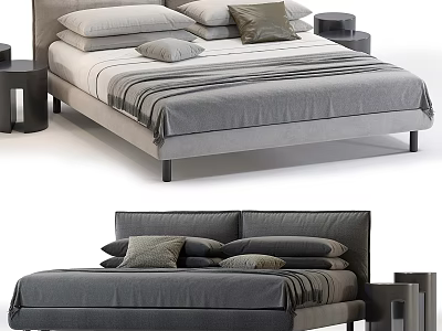 Modern Double Bed with Gray Beige Bedspread Multiple Pillows and Side Nightstands 3d model