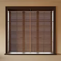 Wooden Brown Window Blinds Installed On Neutral Wall With Dark Frame In Modern Interior