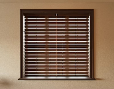 Wooden Brown Window Blinds Installed On Neutral Wall With Dark Frame In Modern Interior 3d model