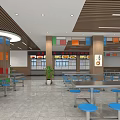 Spacious Cafeteria Interior With Long Tables Blue Stools And Wooden Ceiling 3d model