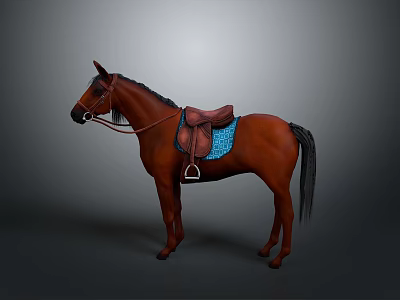 Realistic Brown Horse With Leather Saddle And Blue Saddle Pad 3d model
