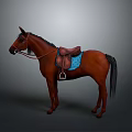 Realistic Brown Horse With Leather Saddle And Blue Saddle Pad