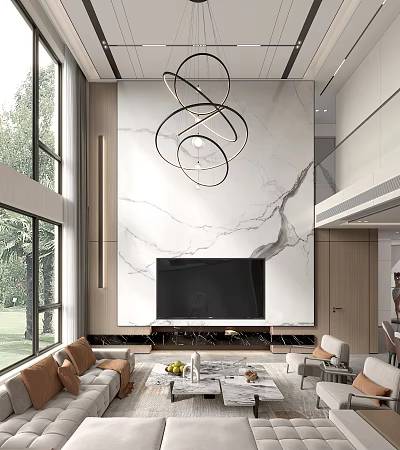 Modern Duplex Living Room Interior With Marble Feature Wall Large Windows And Chandelier 3d model