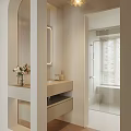 Modern Bathroom Interior with Light Colored Vanity Mirror Vase and Shower Area Blinds 3d model