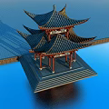 Chinese Traditional Pavilion With Multi Layered Eaves By Waterfront Under Blue Sky