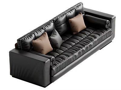 Black Leather Sectional Sofa With Quilted Design And Brown Black Pillows 3d model