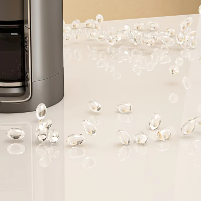 Modern Art Installation With Transparent Oval Beads Scattered On White Surface And Silver Metal Device 3d model