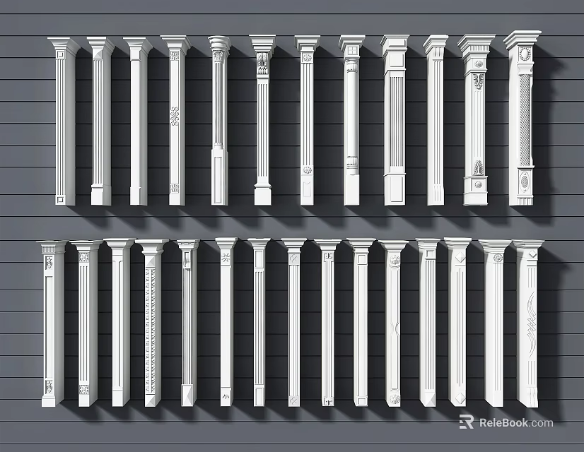 Roman Columns Displayed In Rows With Different Designs And Classical Architectural Styles 3d model 