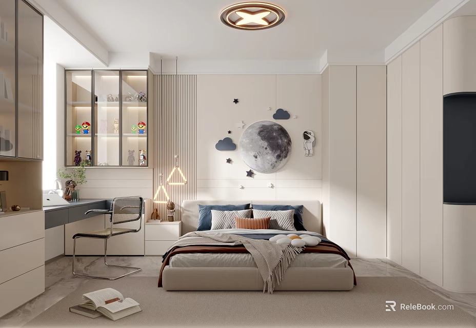 Modern Kids Room Interior With Moon Star Wall Decor Bed Desk And Toy Shelves 3d model 