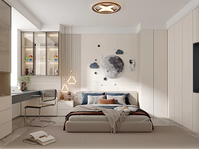 Modern Kids Room Interior With Moon Star Wall Decor Bed Desk And Toy Shelves 3d model