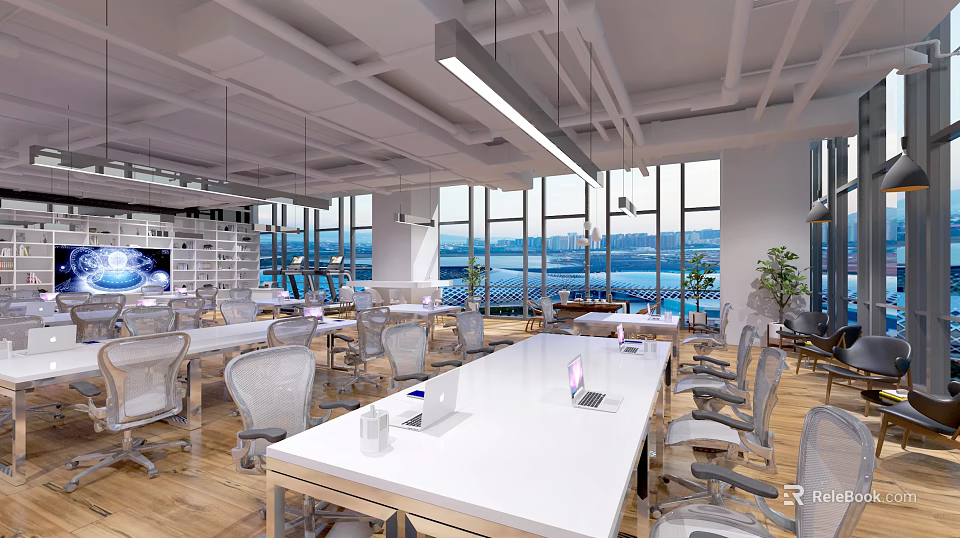 Modern Public Office Space With White Long Desks Gray Chairs And Large Windows View 3d model 