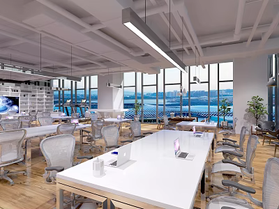 Modern Public Office Space With White Long Desks Gray Chairs And Large Windows View 3d model