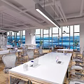 Modern Public Office Space With White Long Desks Gray Chairs And Large Windows View