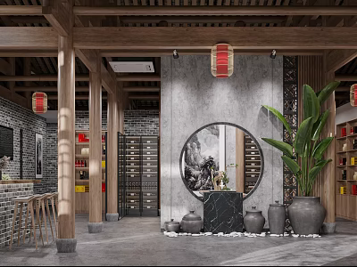 Traditional Chinese Specialty Store With Wooden Structure Lanterns Round Mirror And Green Plant 3d model