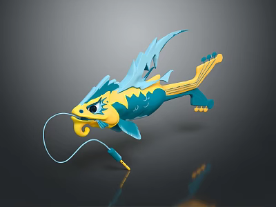 Blue And Yellow Fish Shaped Device With Unique Design And Connecting Cable 3d model