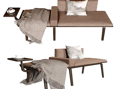 Modern Brown Chaise Lounge With Decorative Pillow Knitted Blanket And Wooden Side Table 3d model