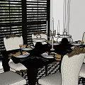 Modern Dining Table Set With White Chairs Tableware Window Blinds And Checkered Rug 3d model