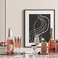 Elegant Stylish Wine Bottles And Glasses Display With Pink Flowers Decorative Artwork And Tray