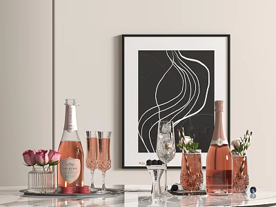 Elegant Stylish Wine Bottles And Glasses Display With Pink Flowers Decorative Artwork And Tray 3d model