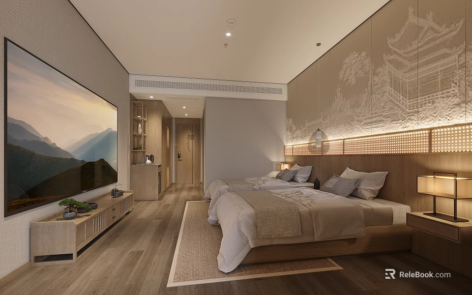 Hotel Guest Room With Twin Beds Chinese Style Mural Minimalist Design And Wooden Flooring 3d model 