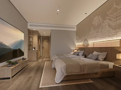 Hotel Guest Room With Twin Beds Chinese Style Mural Minimalist Design And Wooden Flooring 3d model