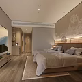 Hotel Guest Room With Twin Beds Chinese Style Mural Minimalist Design And Wooden Flooring