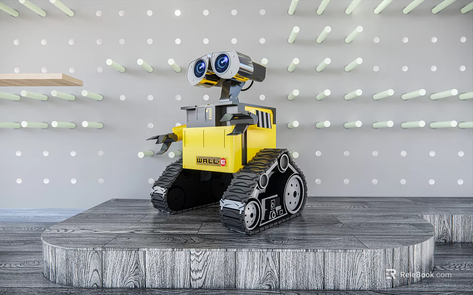 Yellow Smart Machine With Large Blue Eyes And Tracks On Wooden Platform 3d model 