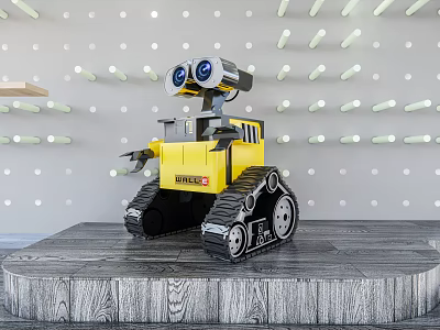 Yellow Smart Machine With Large Blue Eyes And Tracks On Wooden Platform 3d model