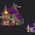 Cartoon Fairy Tale Style Wooden Houses With Red Roofs Chimney Barrels And Kettle