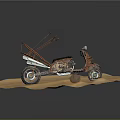 Vintage Scooter with Back Basket Holding Sticks Parked on Sandy Ground and a Ball
