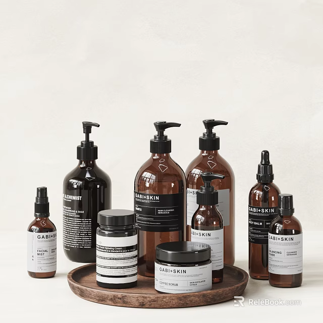 Modern Daily Cleaning Essentials With Amber Glass Bottles Jars And Pump Sprayers 3d model 