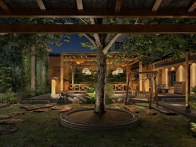 Outdoor Restaurant Courtyard At Night With Tree Wooden Structure Swing And Warm Lighting 3d model