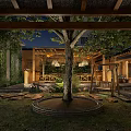 Outdoor Restaurant Courtyard At Night With Tree Wooden Structure Swing And Warm Lighting